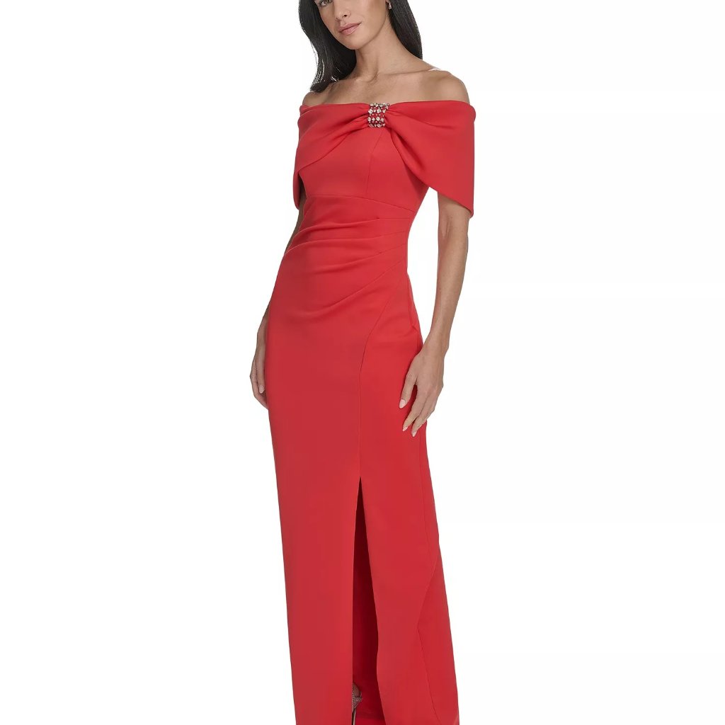 Jessica Howard Women's Off-The-Shoulder Scuba Gown - Poppy - 16, Nwt, Msrp: 159$